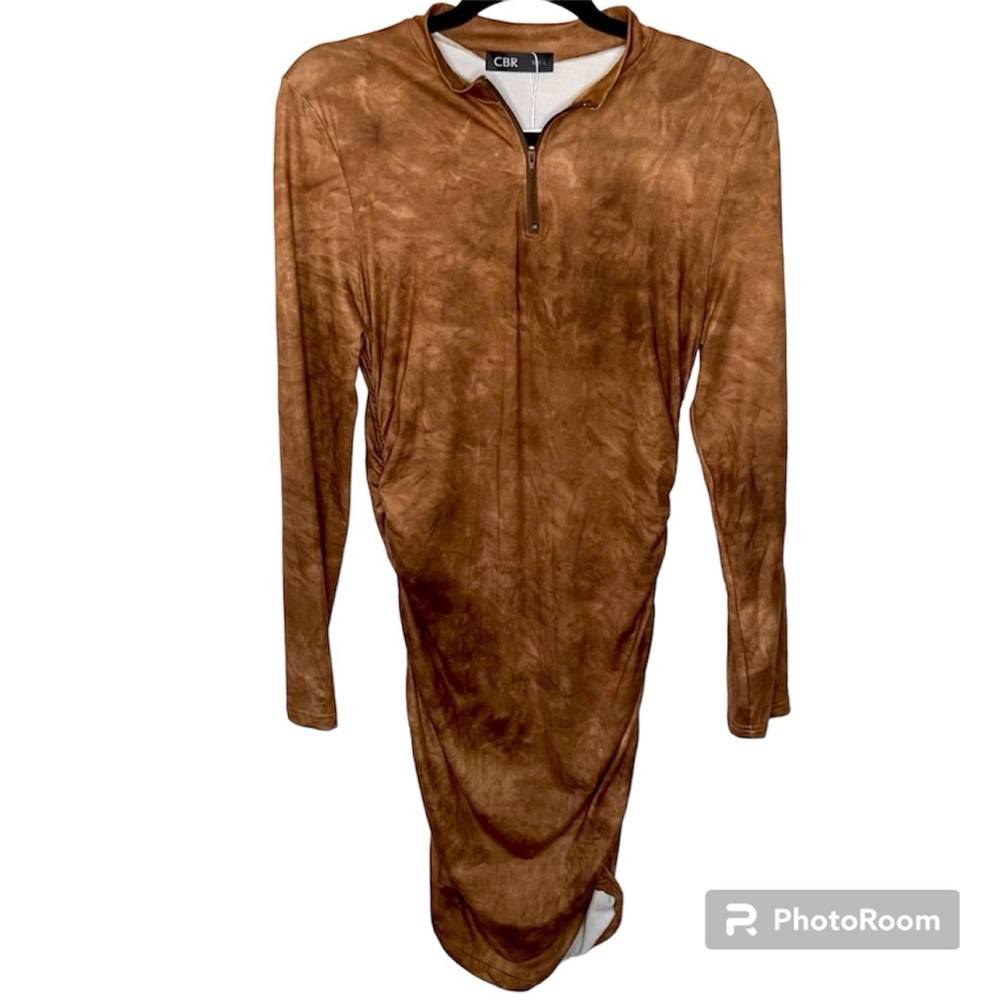 CBR Dress Women’s L Long Sleeve Tye-Dye Brown Ruching NWT